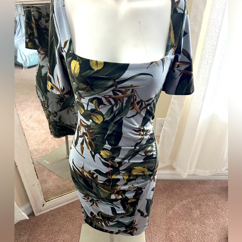 Guess Olive Green and Light Blue Floral Bodycon Dress